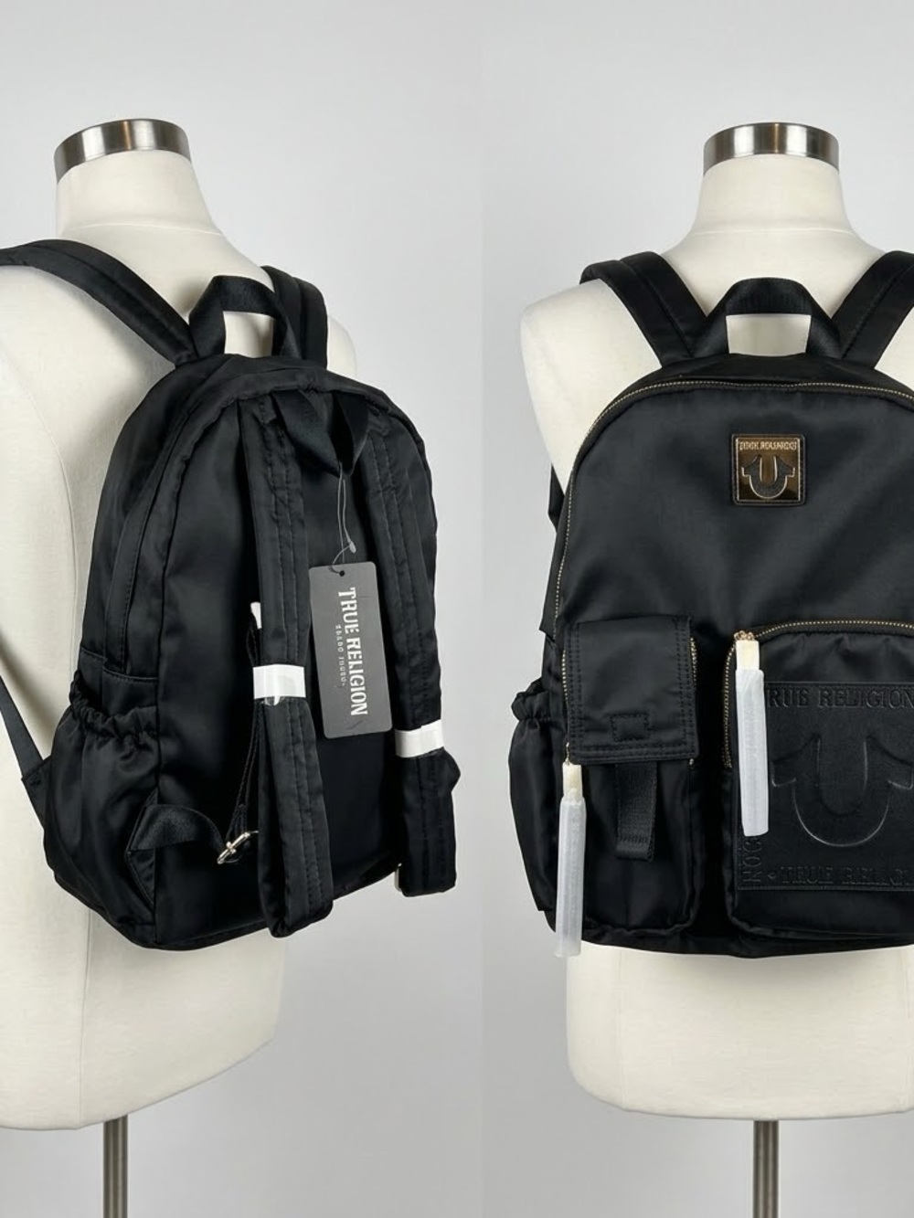 True Religion Black Nylon Backpack with Gold-Tone Accents